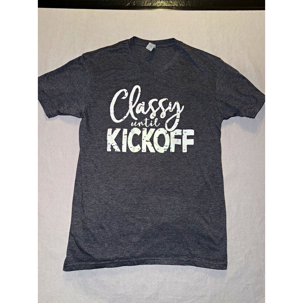Cotton Heritage Women’s Gray V-Neck Graphic Football T-Shirt Short Sleeve M